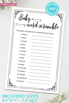 printable baby word scramble game with flowers