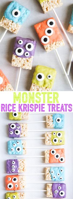 monster rice krispie treats on a stick with the words monster rice krispie treats