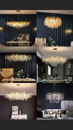 the chandeliers are hanging from the ceiling in different styles and colors, including gold