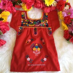 New - No Tags - Hand Made Size : 1 Year Old Baby Dress Hand Embroidered Cute Red Tops With Floral Embroidery, Red Cotton Dress With Floral Embroidery, Red Floral Embroidered Cotton Dress, Mexican Baby Dress, Childs Mexican Dress, Kids Embroider Bottom Of Dress, Kids' Dresses, Future Kids, Baby Dress