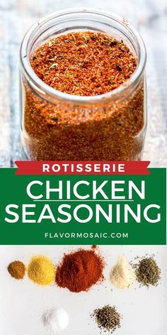 chicken seasoning in a glass jar with the title rotissee chicken seasoning