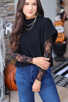 Bell Bottoms And Sweater Outfit, White Mesh Shirt Outfit, Cute Fall Outfits With Vest, Mesh Mock Neck Top Outfit, Sheer Sleeves Top Outfit, Black Wrap Shirt Outfit, Free People Mesh Top Outfit, Casual 30th Birthday Outfit, How To Dress For Christmas