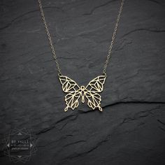 "Butterfly necklace - This geometric style butterfly necklace Featuring simple and minimalist butterfly lines. ★This is the gold item, for the silver item use this link: https://www.etsy.com/listing/794174833 ♥WANT TO MAKE IT PERSONAL? ♥ Add a charm letter to your necklace - Add this item: https://www.etsy.com/il-en/listing/687931684 ★ Comes in our signature box, ready for gift giving. ★ Available in Gold [18K goldfield & gold plated brass ] ★ Pendant size :1.30\"x1.60\" ★ Handmade TO COMPLE Minimalist Yellow Gold Butterfly Necklace, Minimalist Butterfly Necklace With Delicate Chain For Gifts, Minimalist Butterfly Necklace With Delicate Chain As Gift, Minimalist Gold Butterfly Necklace For Gift, Geometric Butterfly, Origami Necklace, Pretty Jewelry Necklaces, Animal Necklace, Insect Jewelry