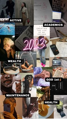 New Year vision board 2023 that includes goals to achieve in 2023 which are better performance in academics, building a relationship with the creator, better care for our hair, body, teeth and nails, initiating wealth building activities such as investments and involvement in sports or the gym Manifestation Vision Board, Vision Board 2023, 2023 Vision Board, Vision Board Pictures, Vision Board Manifestation, 2023 Vision, Vision Board, Collage, Books