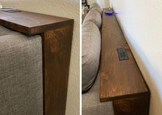 two pictures of a couch with a remote control on the armrest and an end table next to it