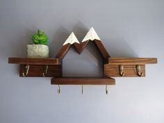 two wooden shelfs with hooks on them and a potted plant in the middle