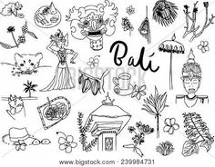 the word bali surrounded by hand drawn doodles and images of flowers, plants, people