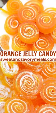 orange jelly candy with swirls on top and the words orange jelly candy above it