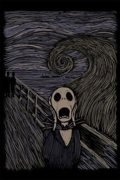 a skeleton with its mouth open standing in front of a starry night sky and the scream