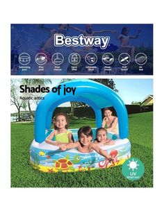 an inflatable swimming pool with three children inside and the words bestway above it