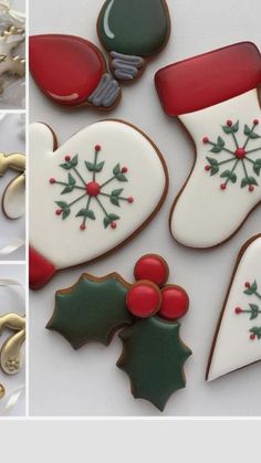 christmas cookies decorated with royal icing, holly and stocking bells on white background