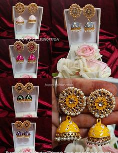 Welcome To My Shop  Product Item: Meenakari Earrings  Size : 2.5 Inch Approx Color: Assorted Color Will Be Send  Materials: Metal  Location: Earlobe Closure:Push Back Free Shipping Worldwide! Feel Free to contact:  +  91 9351162855 Its a beautiful gold plated jhumkas can be wear in any occasion like wedding , party etc. EARRINGS For Women. Bring your style to a whole new level with this handcrafted piece of jewelry. When you're celebrating a special occasion - a birthday, wedding, or personal mi Tilla Jhumkas For Diwali Gift, Diwali Gift Tilla Jhumkas, White Jhumkas For Navratri Gift, Gift Jhumkas With Cutdana For Festivals, Diwali Gift Jhumkas With Latkans, Navratri Jhumkas With Latkans As Gifts, Festival Jhumkas With Latkans As A Gift, Festive Yellow Meenakari Jhumkas, Festival Meenakari Jhumkas For Celebration