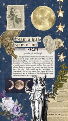 an altered collage with stamps, stars and moon in the night sky above it