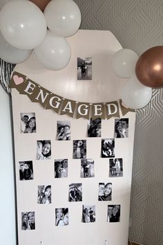 an engagement party with balloons and pictures on the wall