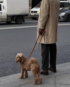 a man is walking his dog down the street while wearing a trench coat and hat