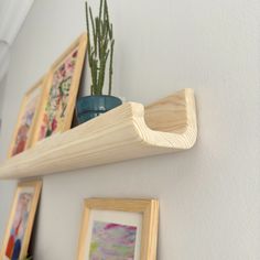 two wooden shelves with pictures and plants on them next to a wall mounted potted plant