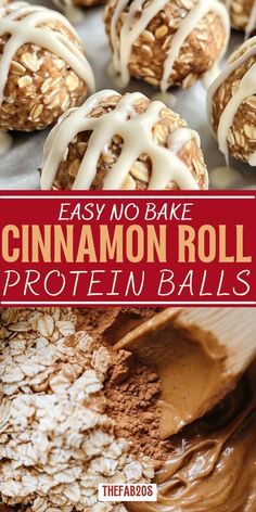 No-bake cinnamon roll protein balls drizzled with white chocolate, made with oats and almond butter, perfect for a healthy, peanut butter-free snack. Peanut Butter Oats Protein Balls, Protein Bites Healthy, Cinnamon Roll Energy Bites, High Protein Balls No Bake, Vanilla Protein Balls No Bake, Cinnamon Roll Energy Balls, Cinnamon Roll Protein Balls, Protein Balls With Oats, Healthy Protein Snacks For Kids