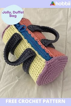 three crocheted purses sitting on top of a white sheet with the words jelly duffel bag