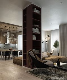 a living room filled with furniture and a book shelf