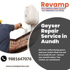 an advertisement for repair company called geyser repair service in aundh, with a man fixing the faucet