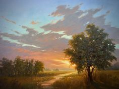 a painting of the sun setting over a field with trees and water in front of it