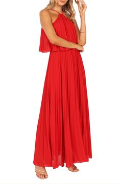 A drapey bodice brings flowy flair to this boldly pleated maxi dress that sways with each step you take. Adjustable back tie closure Jewel neck Sleeveless, with cutaway shoulders Lined 100% polyester Hand wash, dry flat Imported Pleated Chiffon A-line Maxi Dress, Flowy A-line Maxi Dress For Prom, Flowy Chiffon Pleated Dress For Party, Ruched Flowy Maxi Dress, Chic Pleated Chiffon Maxi Dress, Chiffon Pleated Dress With Flowy Skirt, Chiffon A-line Maxi Dress With Pleated Bodice, Flowy Chiffon Pleated Summer Dress, Chiffon Maxi Dress With Pleated Bodice For Prom