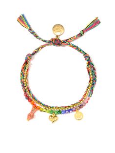 a multicolored bracelet with charms and a gold charm on it's end