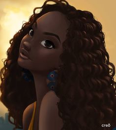 an animated image of a woman with curly hair looking up at the sky and clouds