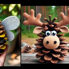 two pictures of pine cones with antlers on them, one is made to look like a moose