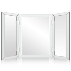 an empty white room divider with mirrors on the sides and one door open to reveal it