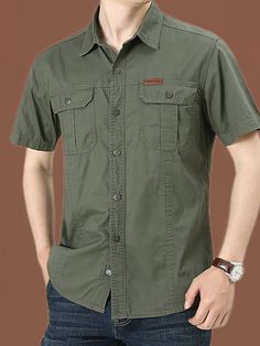 Men's Work Shirt Button Up Shirt Summer Shirt Casual Shirt Black Red Green Khaki Army Green Short Sleeve Plain Lapel Outdoor Work Pocket Clothing Apparel Stylish Business Comfort Leisure Casual Collar Short Sleeve Shirt With Pockets, Khaki Collared Short Sleeve Shirt With Pockets, Solid Color Button-up Shirt For Outdoor, Solid Color Button-up Outdoor Shirt, Solid Button-up Outdoor Shirt, Solid Outdoor Shirt With Buttons, Solid Color Collared Shirt With Functional Buttons, Khaki Buttoned Tops For Outdoor, Solid Buttoned Shirt For Outdoor