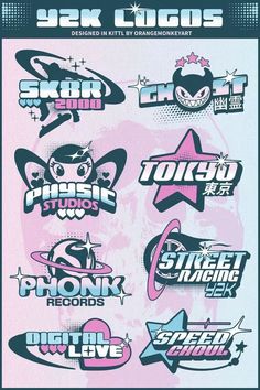 various stickers and decals on the back of a pink background with white lettering