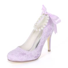 Sweet fresh color lace high heels with pearl ankle strap and ribbon tie closed toe bridal wedding shoes Quinceanera Heels, Lilac Heels, Pink Shoes Heels, Lavender Heels, Lavender Shoes, Heels Pearl, Princess Heels, Prom Pumps, Purple Wedding Shoes