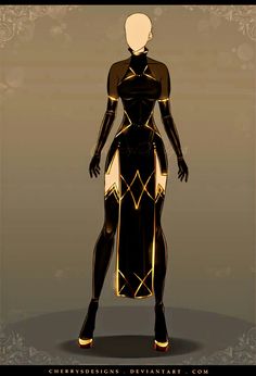 a woman in black and gold is standing