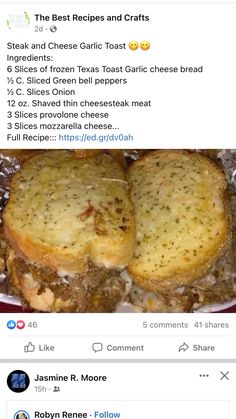 two pieces of bread sitting on top of tin foil covered in cheese and sauces