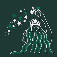 a drawing of a hand reaching for stars on a green background with white outlines