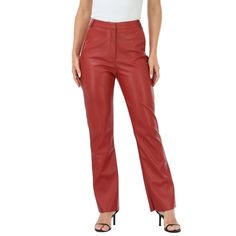 Faux leather pants are a staple clothing piece and a must have in your wardrobe! HDE trendy faux leather high waisted pants have a straight leg, stretch faux leather fabric, pockets and a regular 30"" inseam that fits women 5'5" - 5'8." High waisted stretchy faux leather pants are made of synthetic leather to provide a non-sticky feeling and have a zip fly and button closure that makes it manageable to slip on for a sudden party invite, night out or weekend getaway! Our high waisted faux leather Casual Stretch Red Leather Pants, Red Stretch Faux Leather Bottoms, Red High-waisted Leather Pants For Party, Trendy Red High-waist Leather Pants, Fitted Full-length Red Leather Pants, Brown Leather Pants, Clothing Staples, Faux Leather Fabric, Faux Leather Pants