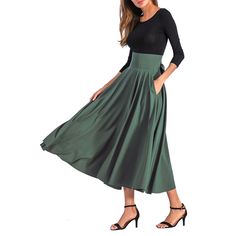 Green High Waisted Swing A-line Maxi Skirt Stretch A-line Skirt In Solid Color, Fitted A-line Maxi Skirt With Gathered Detail, A-line Pleated Skirt With Pockets, Green A-line Maxi Skirt For Spring, Chic A-line Maxi Skirt In Solid Color, Flowy A-line Maxi Skirt With Pockets, Flowy A-line Maxi Skirt In Solid Color, Chic Green A-line Maxi Skirt, Fitted A-line Maxi Skirt With Lining