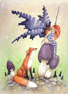 A Fox and a Faery, original watercolor painting Fox Fairy, Fairy Paintings, Pixies Fairies, Fairy Dragon, Cute Fairy, Beautiful Fairies, Whimsical Illustration, Mystical Creatures