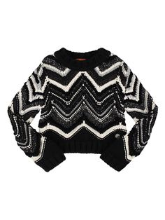 Ribbed collar, cuffs and hem. All over pattern placement may vary Black And White Girl, All Over Pattern, Jacquard Knit, Wool Sweater, Missoni, Zig Zag, Wool Sweaters, Black Sweaters, Knitted Sweaters