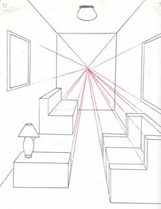 a drawing of a room with red lines going through it