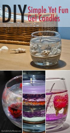 four different types of glass vases with sand in them and the text diy simple yet fun gel candles