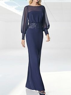 Sheath / Column Mother of the Bride Dress Wedding Guest Elegant Jewel Neck Floor Length Chiffon Sequined Long Sleeve with Sash / Ribbon 2023 2023 - US $160.99 Long Sleeve Wedding Guest Dresses, Áo Blu, Evening Dresses Online, Fall Wedding Guest Dress, Cheap Evening Dresses, Party Kleidung, Minimalist Dresses, Illusion Dress, Long Sleeve Wedding