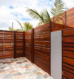 a wooden fence is next to a stone walkway and palm tree in the background,