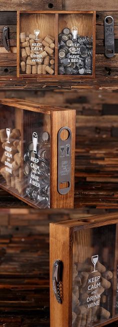 three shelves with wine bottles, corks and magnets in them on wooden boards