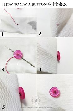 instructions to sew a button 4 holes on white fabric with pink buttons and thread