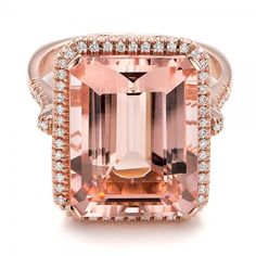 Emerald Cut Morganite and Diamond Halo Ring Stone Ring Design, Morganite Jewelry, Pink Emerald, Rose Gold Morganite Ring, Elegant Engagement Rings, Pink Morganite, 14k Rose Gold Ring, Morganite Ring, Pink Jewelry