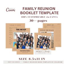 the family reunion booklet template is shown in three different sizes and features an image of people