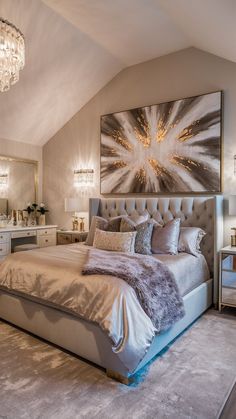 a bedroom with a large painting above the bed and chandelier hanging from the ceiling