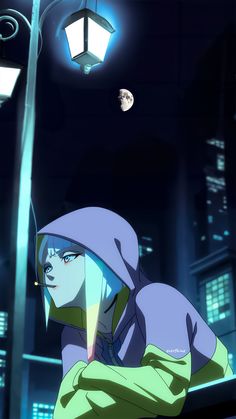 an anime character is staring at something in the distance while standing under a street light